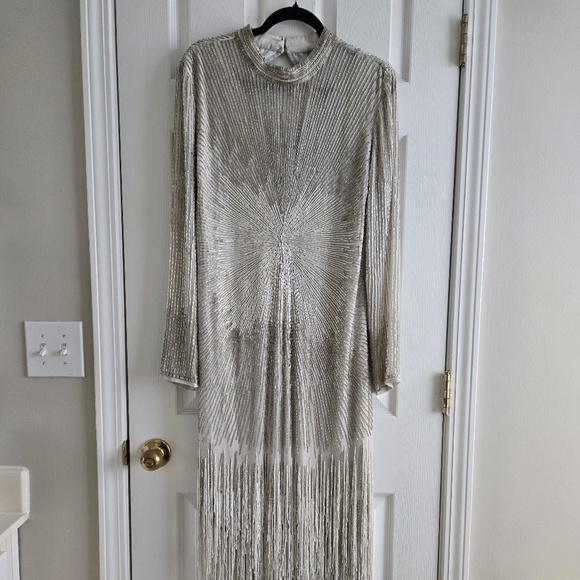 ASOS Beaded Long-Sleeve Open Back Asymmetrical Fringe Dress - Picture 1 of 12